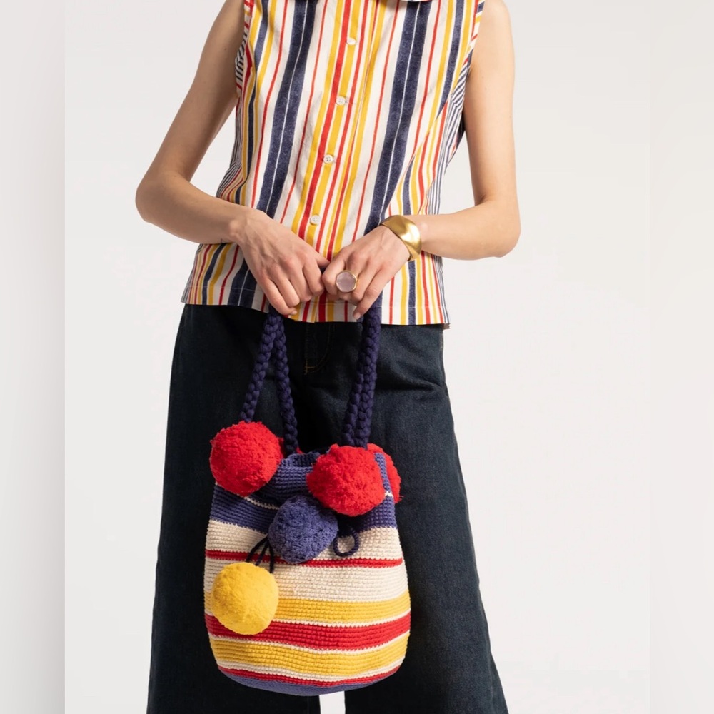 Frances Valentine Haley Woven Bucket Regatta Stripe Cotton Navy/Yellow/Red NWT